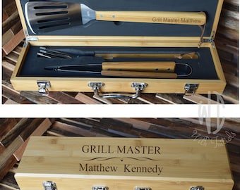 Personalized custom barbeque set, bamboo wood carrying case and stainless steel cooking utensils, grill tools  BBQ tools, summer gift bb023