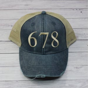 Distressed, personalized, Area Code, Trucker mesh back Hat, adjustable cap, gift for her, summer cap, bad hair day, running cap