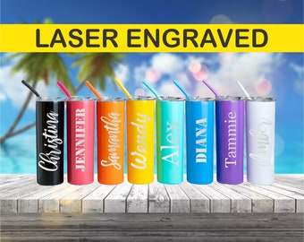 20 oz, Personalized, skinny tumbler, laser engraved , vacuum insulated stainless steel double wall, silicone straw, boxed, sk002