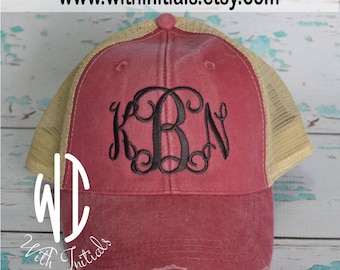 Monogrammed, embroidered, distressed trucker hat, mesh back, snap back, Bridal party, bridesmaid gift, ballpark cap, beach cap,bad hair day