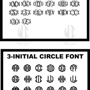 May include: A chart showing two different styles of 3-initial monogram fonts. The first style is called "Vine Font" and the second style is called "Circle Font". Each style shows the letters A through Z in a monogram format.