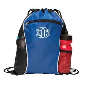 Large, monogrammed polyester cinch bag with pockets, drawcord closure, gift for bridesmaids, groomsmen, sororities, favor gifts, sport teams