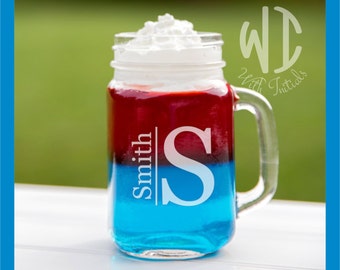 Custom Initial and name design, laser engraved, Mason Jar, drinking jar, personalized mug, bridal party, gift for couple, gift for her ma004
