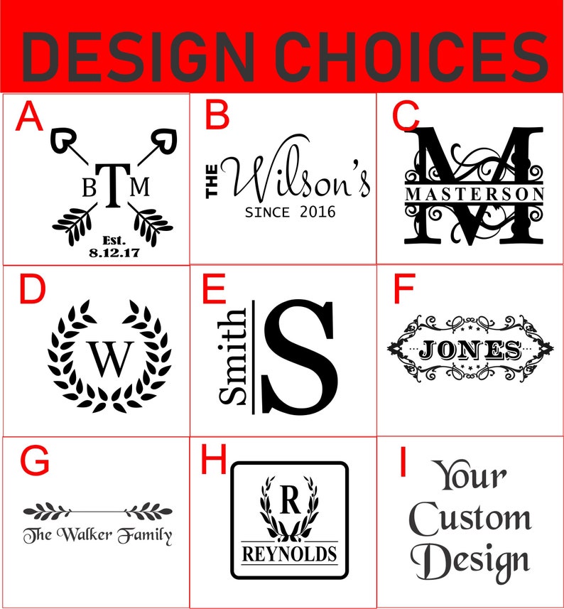 Puede incluir: Nueve opciones de dise&ntilde;o para un monograma o logotipo personalizado. Los dise&ntilde;os incluyen una corona con la letra W, un monograma con las letras B, T y M, una fuente de escritura con el texto "The Wilson's Since 2016", un monograma con la letra M y el texto "Masterson", un monograma con la letra S y el texto "Smith", una corona con el texto "Jones", un simple dibujo de l&iacute;nea de dos ramas con el texto "The Walker Family", una corona con la letra R y el texto "Reynolds", y un cuadro de texto con el texto "Your Custom Design".