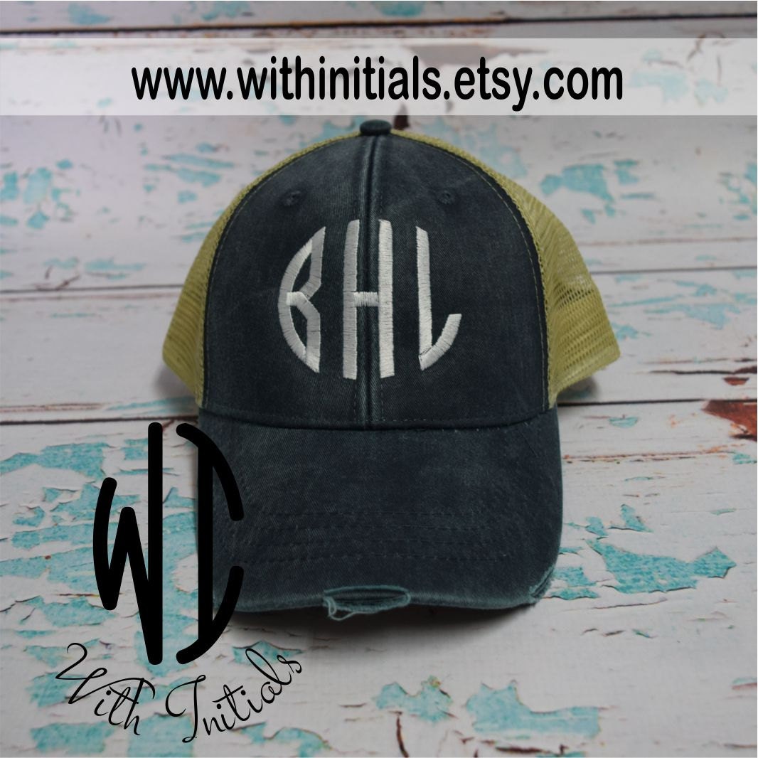 Embroidered, Monogrammed, distressed Trucker Hat, mesh back, snap bac…