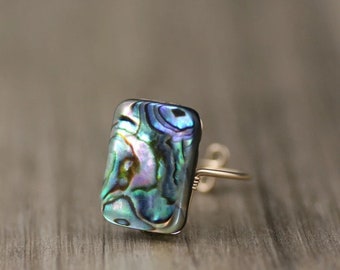 Abalone Shell silver ring,abalone jewelry,paua shell ring,rainbow ring ,ocean jewelry,14K gold ring