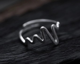 Thin Wave Eternity Ring S925 Sterling Silver  Irregular Band ECG Heart Beat Ring Simple Adjustable Open Ring Gift Jewelry Daily Wear