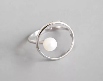 Geometric large circle Pearl Ring  925 Sterling Silver Open Ring Band For Women Girls