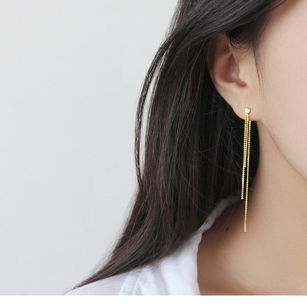 Simple Dangling Chain Tassel Earrings With Stud/Tassel Drop Threader Earrings Long Chain/925 Sterling Silver Or 18K Gold Plated/A Pair