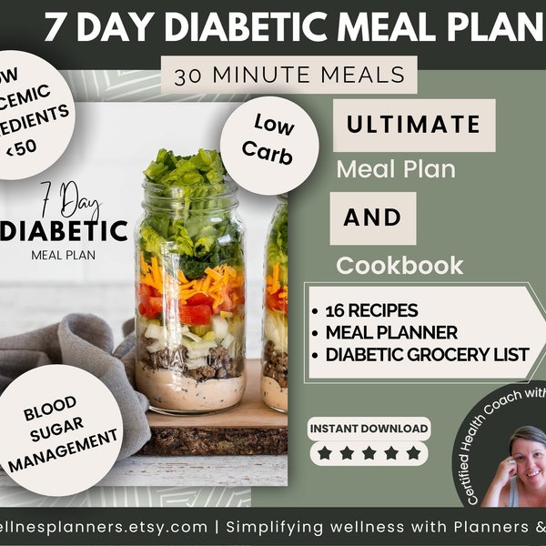 7 Day Diabetic Meal Plan with 16 Low Glycemic, Low Carb Recipes for Weight Loss & Blood Sugar Management | Meal Prep Guide and Shopping List