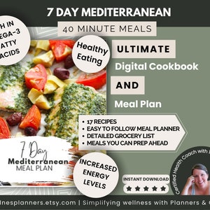 7 Day Mediterranean Diet Meal Plan | 17 Recipes | Grocery List | Simple Recipes| Nutritional Information