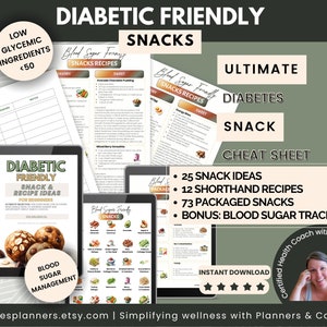 Tabella degli snack adatti ai diabetici con idee per snack a basso indice glicemico, 12 ricette adatte alla glicemia +73 dolcetti confezionati. Bonus: Blood Sugar Tracker
