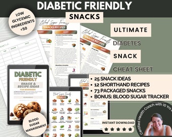 Tabela de lanches adequados para diabéticos com ideias de lanches com baixo índice glicêmico, 12 receitas amigáveis ao açúcar no sangue +73 guloseimas embaladas. Bônus: rastreador de açúcar no sangue