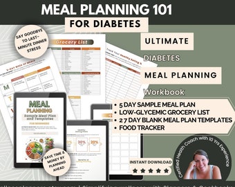 Diabetic Meal Planning Workbook, 5 Day Low Glycemic Meal Plan & Blood Sugar Friendly Grocery List Bonus: Meal Plan + Shopping List Templates