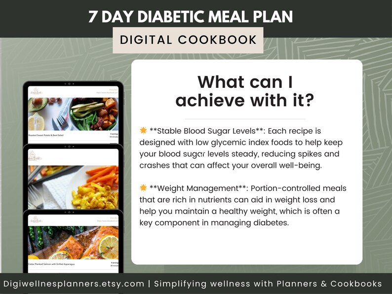 7 Day Diabetic Meal Plan with 16 Low Glycemic, Low Carb Recipes for Weight Loss & Blood Sugar Management | Meal Prep Guide and Shopping List