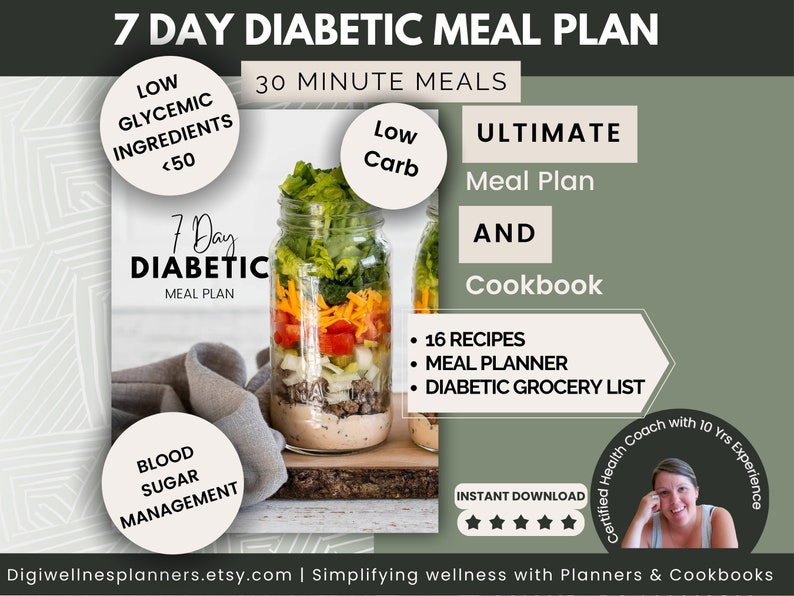 7 Day Diabetic Meal Plan with 16 Low Glycemic, Low Carb Recipes for Weight Loss & Blood Sugar Management | Meal Prep Guide and Shopping List