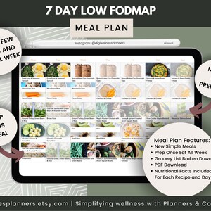 May include: A 7-day low FODMAP meal plan with a digital tablet displaying a weekly meal planner. The meal plan features new simple meals, prep once eat all week, a grocery list broken down, a PDF download, and nutritional facts included for each recipe and day. The text "Prep a few meals and eat all week" is on the left side of the image. The text "Prep this meal" is on the bottom left side of the image. The text "Meal is prepped" is on the right side of the image.