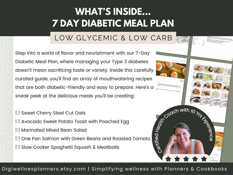 7 Day Diabetic Meal Plan with 16 Low Glycemic, Low Carb Recipes for Weight Loss & Blood Sugar Management | Meal Prep Guide and Shopping List