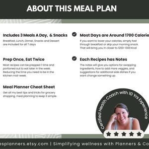 May include: A green and white graphic with the text "About This Meal Plan" in black. The graphic includes checkmarks and text describing the meal plan, such as "Includes 3 Meals A Day, & Snacks", "Prep Once, Eat Twice", "Meal Planner Cheat Sheet", "Most Days are Around 1700 Calories", "Each Recipes has Notes", and "Certified Health Coach with 10 Yrs Experience".