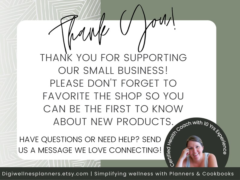 Pode incluir: Obrigado! Obrigado por apoiar o nosso pequeno neg&oacute;cio! Por favor, n&atilde;o se esque&ccedil;a de adicionar a loja aos seus favoritos para ser o primeiro a saber sobre novos produtos. Tem alguma d&uacute;vida ou precisa de ajuda? Envie-nos uma mensagem, adoramos conectar! Treinador de sa&uacute;de certificado com 10 anos de experi&ecirc;ncia