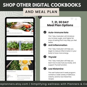 May include: A digital screen displaying a meal plan options page with a green background. The page lists 7, 21, and 30 day meal plan options for Auto-Immune Keto, Anti Inflammation, Thyroid, and Low Histamine diets.