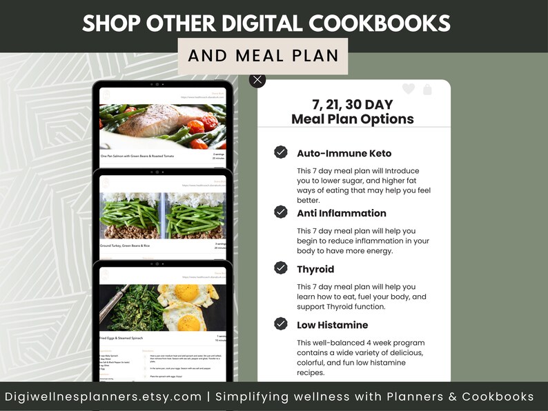 May include: A digital screen displaying a meal plan options page with a green background. The page lists 7, 21, and 30 day meal plan options for Auto-Immune Keto, Anti Inflammation, Thyroid, and Low Histamine diets.
