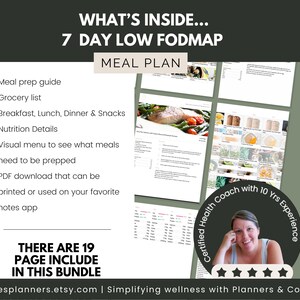 May include: A digital download for a 7-day low FODMAP meal plan. The meal plan includes a meal prep guide, grocery list, breakfast, lunch, dinner, and snack recipes, nutrition details, a visual menu, and a PDF download. The meal plan is designed by a certified health coach with 10 years of experience. There are 19 pages included in this bundle.
