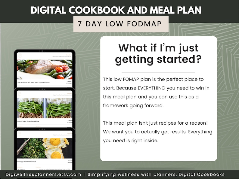 May include: A digital cookbook and meal plan for a 7-day low FODMAP diet. The image shows a green background with a white box containing text that reads "What if I'm just getting started?" and "This low FOMAP plan is the perfect place to start. Because EVERYTHING you need to win in this meal plan and you can use this as a framework going forward. This meal plan isn't just recipes for a reason! We want you to actually get results. Everything you need is right inside."