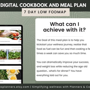 May include: A digital cookbook and meal plan for a 7-day low FODMAP diet. The image shows a green background with text that reads "What can I achieve with it?" and "The Goal of this meal plan is to help you kickstart your wellness journey, realize that food as fuel can be fun and that cooking a few times a week can save you so much time. You can dramatically improve your success, and weight loss while reducing the age old question... what's for dinner? You have everything laid out for you."