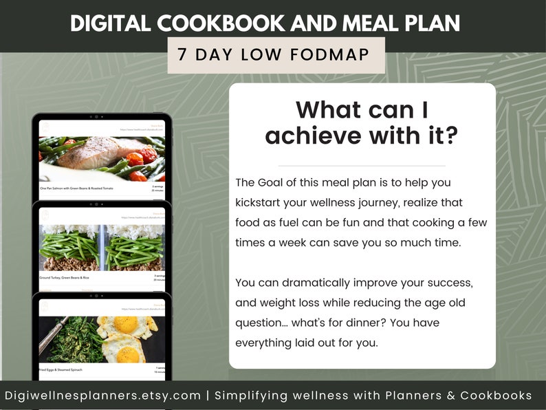 May include: A digital cookbook and meal plan for a 7-day low FODMAP diet. The image shows a green background with text that reads "What can I achieve with it?" and "The Goal of this meal plan is to help you kickstart your wellness journey, realize that food as fuel can be fun and that cooking a few times a week can save you so much time. You can dramatically improve your success, and weight loss while reducing the age old question... what's for dinner? You have everything laid out for you."