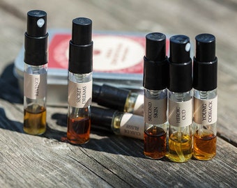 Leather sample set-6 samples 1ml of olfactory art in a bottle with leather and suede scent. Unique fun gift for leather lovers