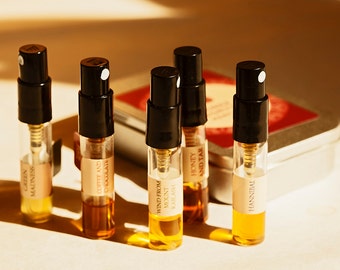 Your-5 sample set: 5 custom sampler pack, any five 1 ml samples  of olfactory art in a bottle