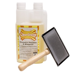 May include: A bottle of Clean Sheep sheepskin shampoo and woolwash with a wooden-handled brush. The shampoo bottle has a yellow label with product information and is 16.9 fl oz (500 ml). The brush has a black metal head.