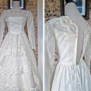 VINTAGE Verträumtes 1950er Jahre weißes Brautkleid Spitze Tüll