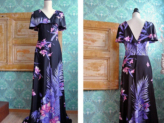VINTAGE 1970s Art Deco Flowing Floral Print Maxi D