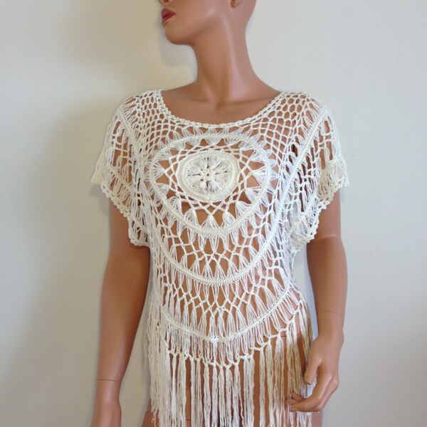 Handmade Crochet Top blouse boho hippie vintage style cream beach MEDIUM