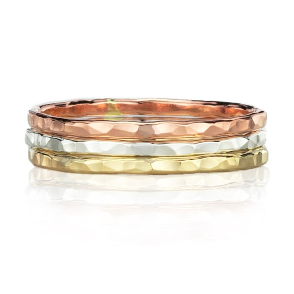 Mixed Metal Rings Stacking Rings, Hammered Gold Ring, Silver Rose Gold Stacking Rings Gold Thin Stackable Ring, Tri Color Rings Stacked Set