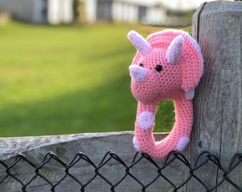 Crochet Triceratops Baby Rattle: Handmade Dinosaur Toy