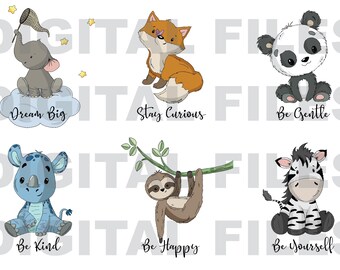 Baby Room Animal Decor Artwork - Digital Files, Panda, Elephant, Fox, Panda, Rhino, Sloth, Zebra