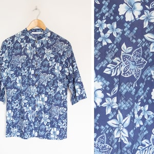 Vintage blue Hawaiian shirt, short sleeve 90s Hawaiian floral pattern shirt, grandad collar floral shirt, UK 14