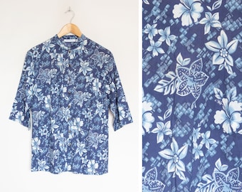 Vintage blue Hawaiian shirt, short sleeve 90s Hawaiian floral pattern shirt, grandad collar floral shirt, UK 14