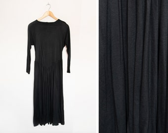 Vintage black batwing sleeve midi dress, long sleeve jersey dress, boho witchy midi dress, UK 10