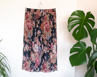 Vintage floral pleated midi skirt black and dusty pink UK 10 - 12