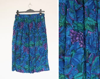 Vintage Dorothy Perkins patterned floral midi skirt, pleated blue midi skirt, floral 90s skirt