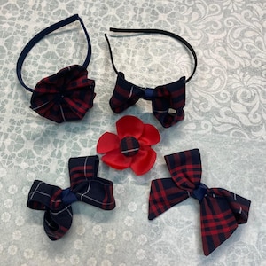 School uniform set in Plaid #37  Red, Navy, White, complete set of back to school uniform bows.