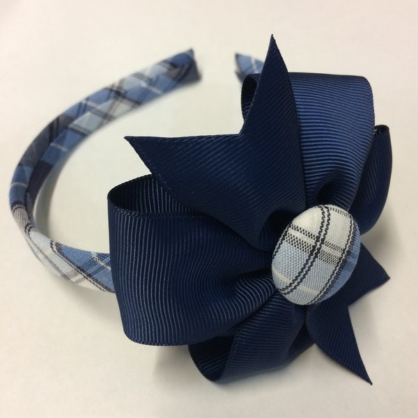 Navy, White, Light Blue Plaid, Back to school hair bows, School Uniform Plaid 76 Headband, bows for girls. Headband