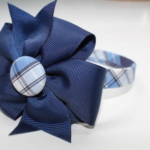 School uniform Plaid. Navy, White, Light Blue Plaid, Back to school hair bows, School Uniform Plaid 76 Headband, bows for girls. Headband