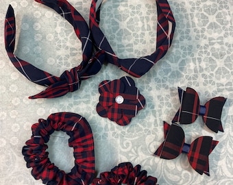 Plaid 37  Back to school uniform Bows Navy Red White Uniform fabric Girls hair bows