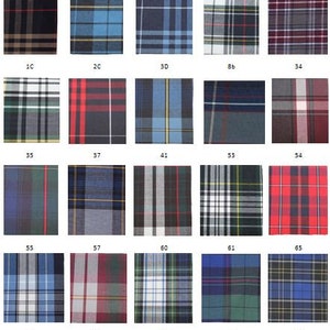 May include: A collection of plaid fabric swatches in various colors and patterns. Each swatch is labeled with a number, showcasing a range of designs from classic tartan to more modern interpretations. The image displays a variety of textures and color combinations.