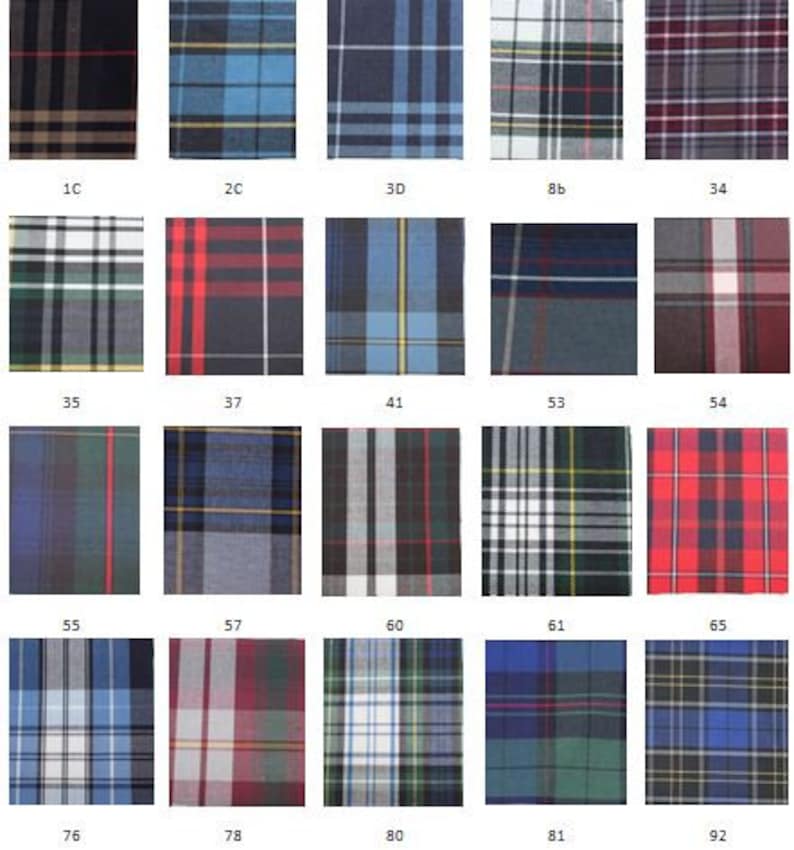 May include: A collection of plaid fabric swatches in various colors and patterns. Each swatch is labeled with a number, showcasing a range of designs from classic tartan to more modern interpretations. The image displays a variety of textures and color combinations.